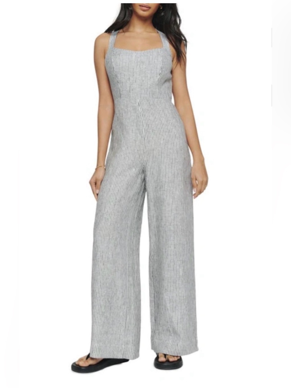 Reformation Autumn Linen Jumpsuit Vineyard Stripe Open Back Wide Leg Size 12 NWT - Picture 3 of 11